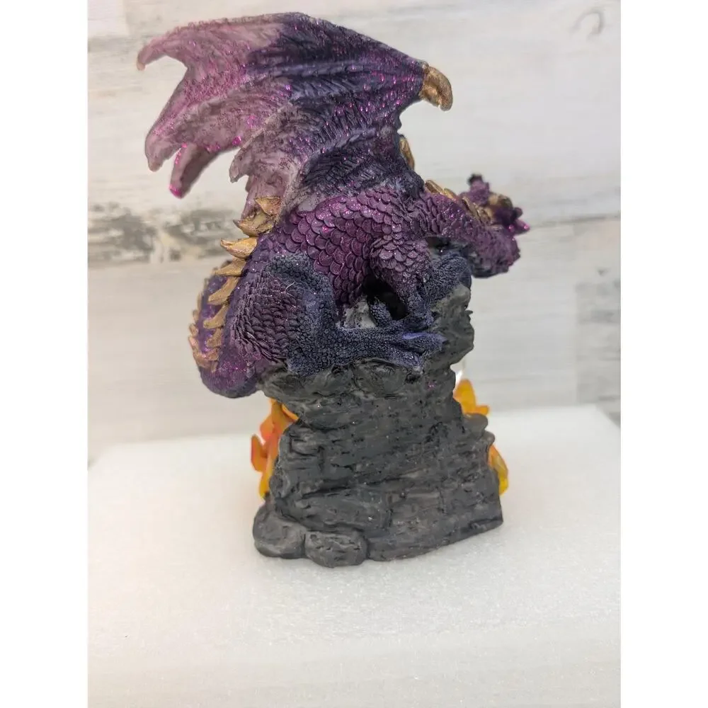 Purple Dragon Wizard Crystal Ball Resin Figurine Statue Fantasy Flames Glitter‎